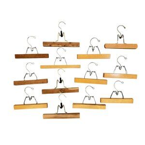 13 Wooden Pants Hangers Skirt Slacks Metal & Wood Clamp Clothes Hanger Vintage